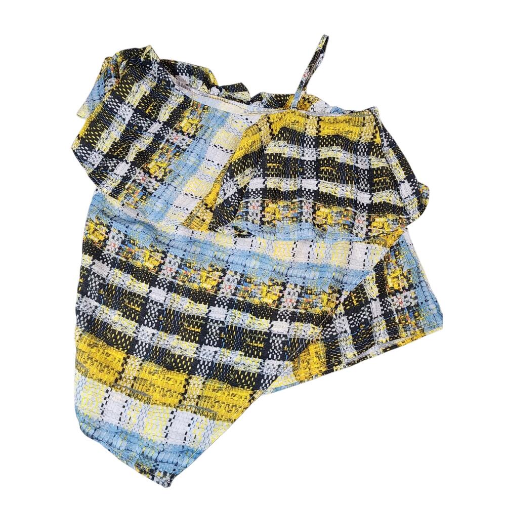 Project Runway sz Large Abstract print Plaid Cold Shoulder Blouse Blue Yellow
